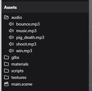 Audio assets are shown in the Asset panel with a speaker icon