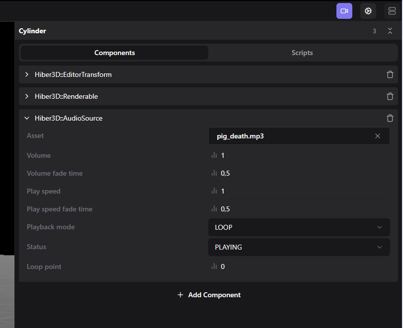 The AudioSource component can be added to an entity using the editor.